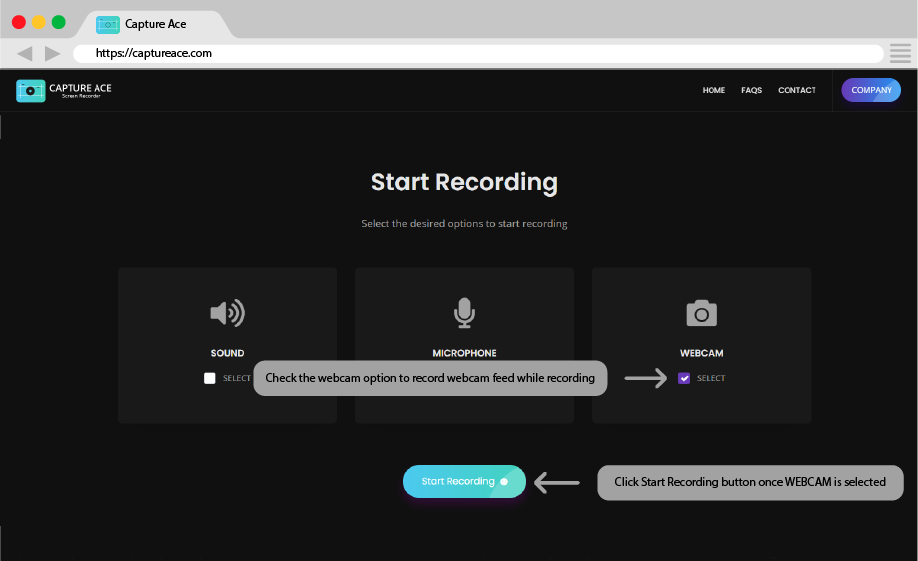 Capture Ace Webcam Option Selected